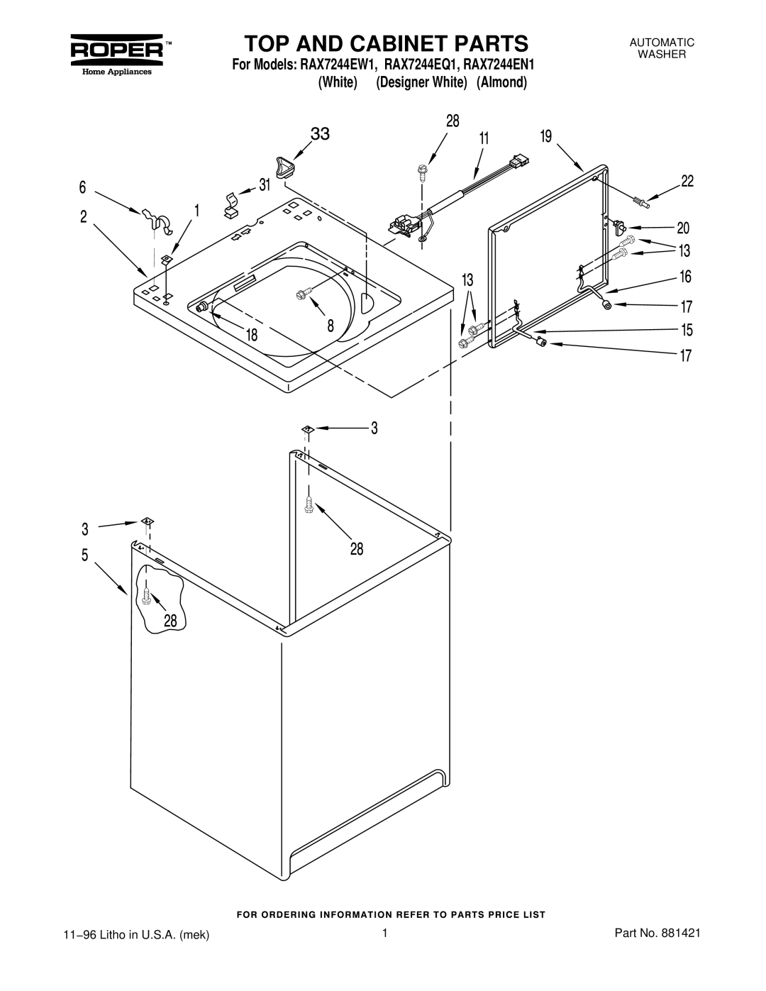 Roper RAX7244EW1, RAX7244EN1, RAX7244EQ1 manual TOP and Cabinet Parts 