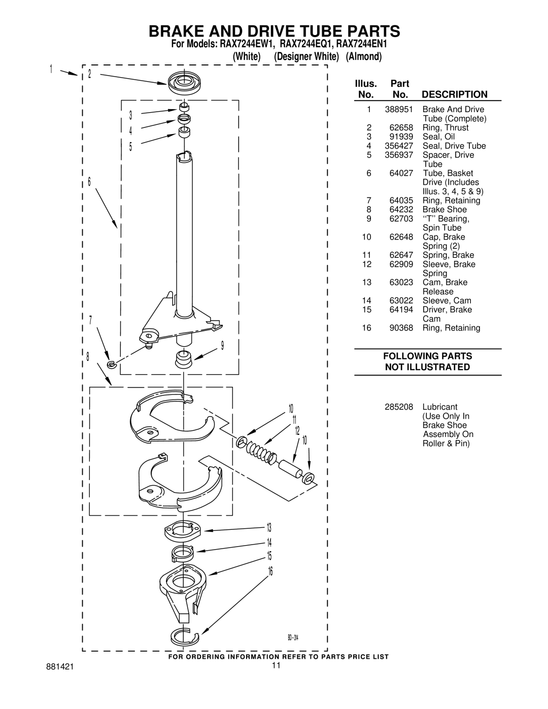 Roper RAX7244EQ1, RAX7244EN1, RAX7244EW1 manual Brake and Drive Tube Parts 