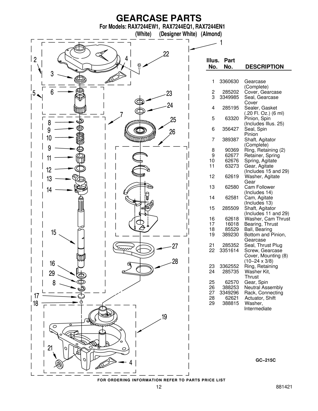 Roper RAX7244EN1, RAX7244EW1, RAX7244EQ1 manual Gearcase Parts 