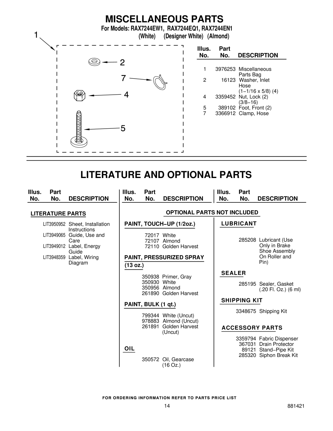 Roper RAX7244EQ1, RAX7244EN1, RAX7244EW1 manual Miscellaneous Parts, Literature and Optional Parts 