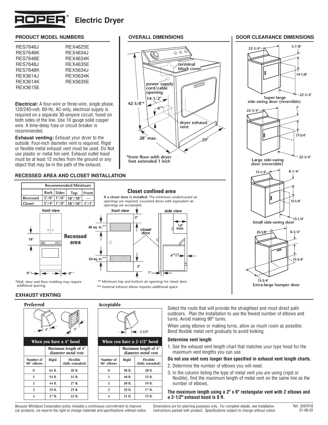 Roper RES7648K, REX4634J, REX5635E dimensions Preferred, Acceptable, When you have a 4 hood, When you have a 2-1/2 hood 