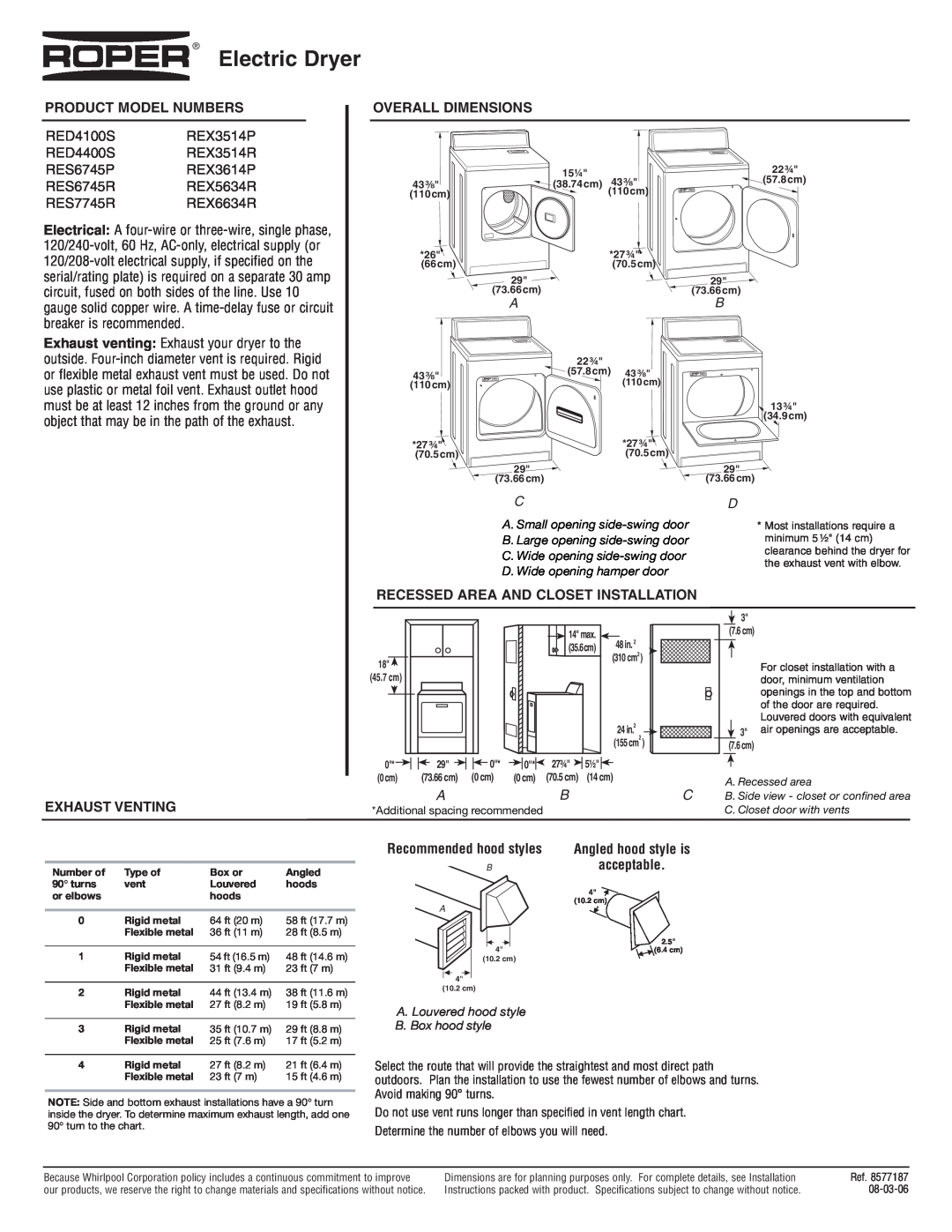 Roper REX5634R dimensions Electric Dryer, Product Model Numbers, RES7745RREX6634R, Overall Dimensions, Exhaust Venting 