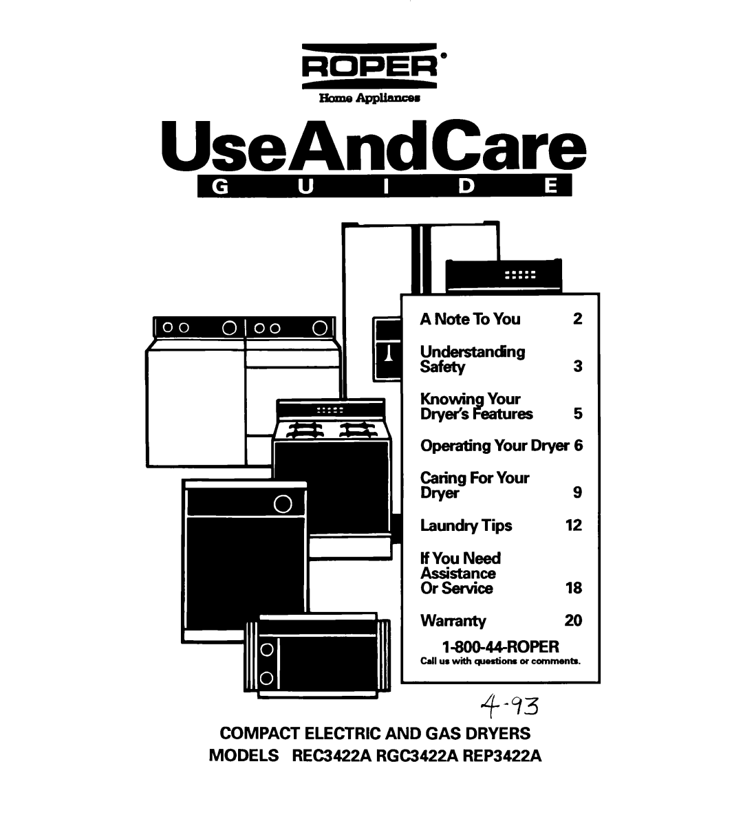 Roper REP3422A, RGC3422A, REC3422A warranty UseAndCare 