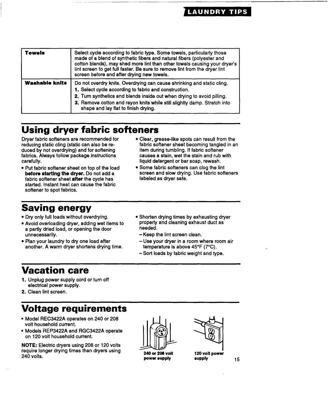 Roper RGC3422A, REP3422A, REC3422A warranty Using dryer fabric softeners, Saving energy, Vacation care, Voltage requirements 