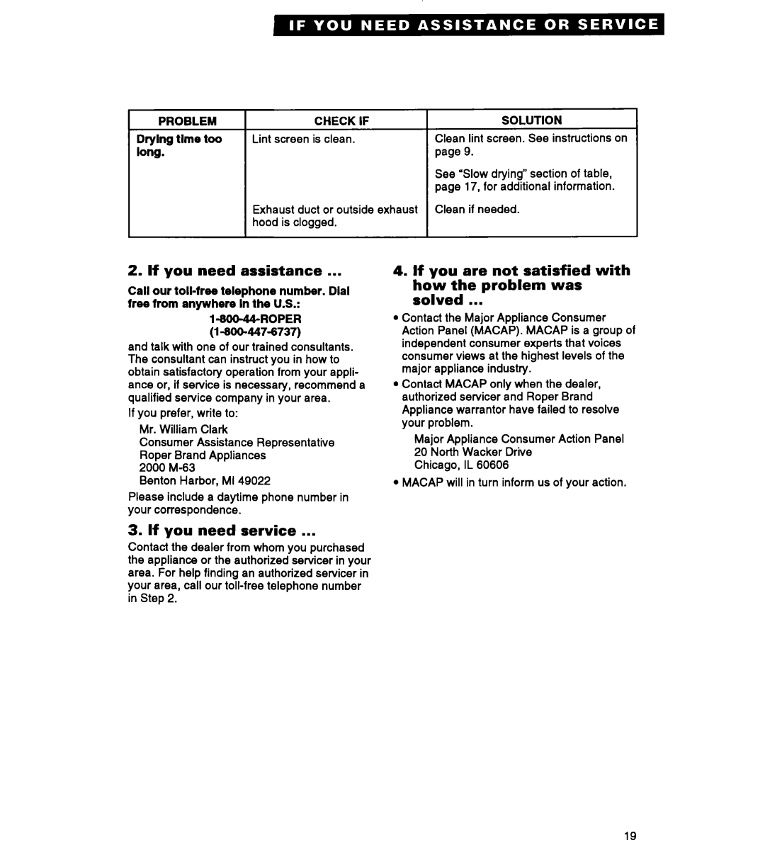 Roper REP3422A If you need assistance, If you need service, If you are not satisfied with how the problem was solved 