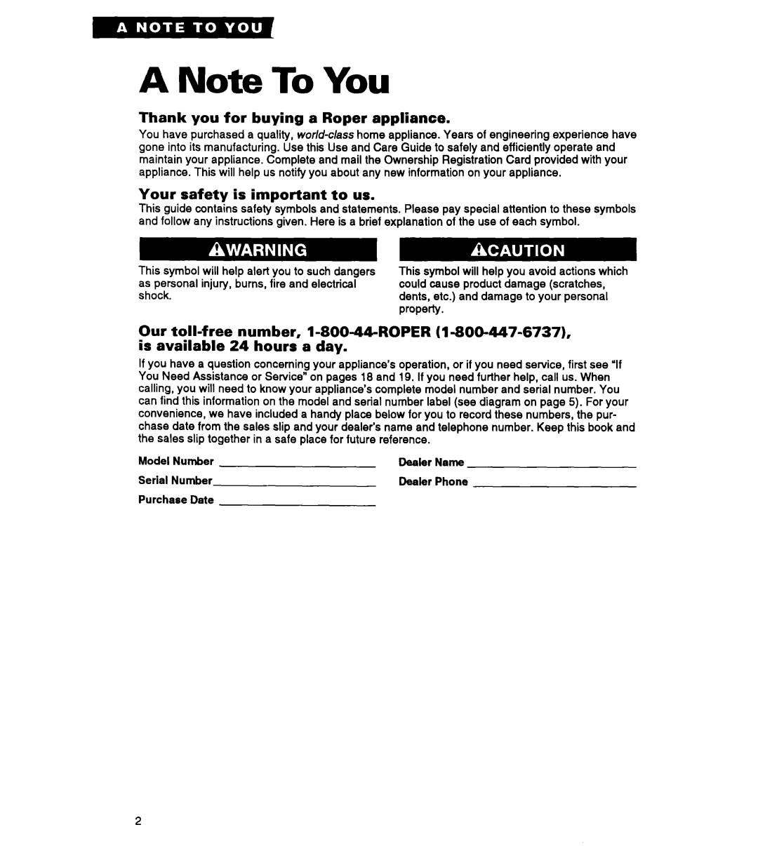 Roper REC3422A, RGC3422A, REP3422A warranty Thank you for buying a Roper appliance, Your safety is important to us 