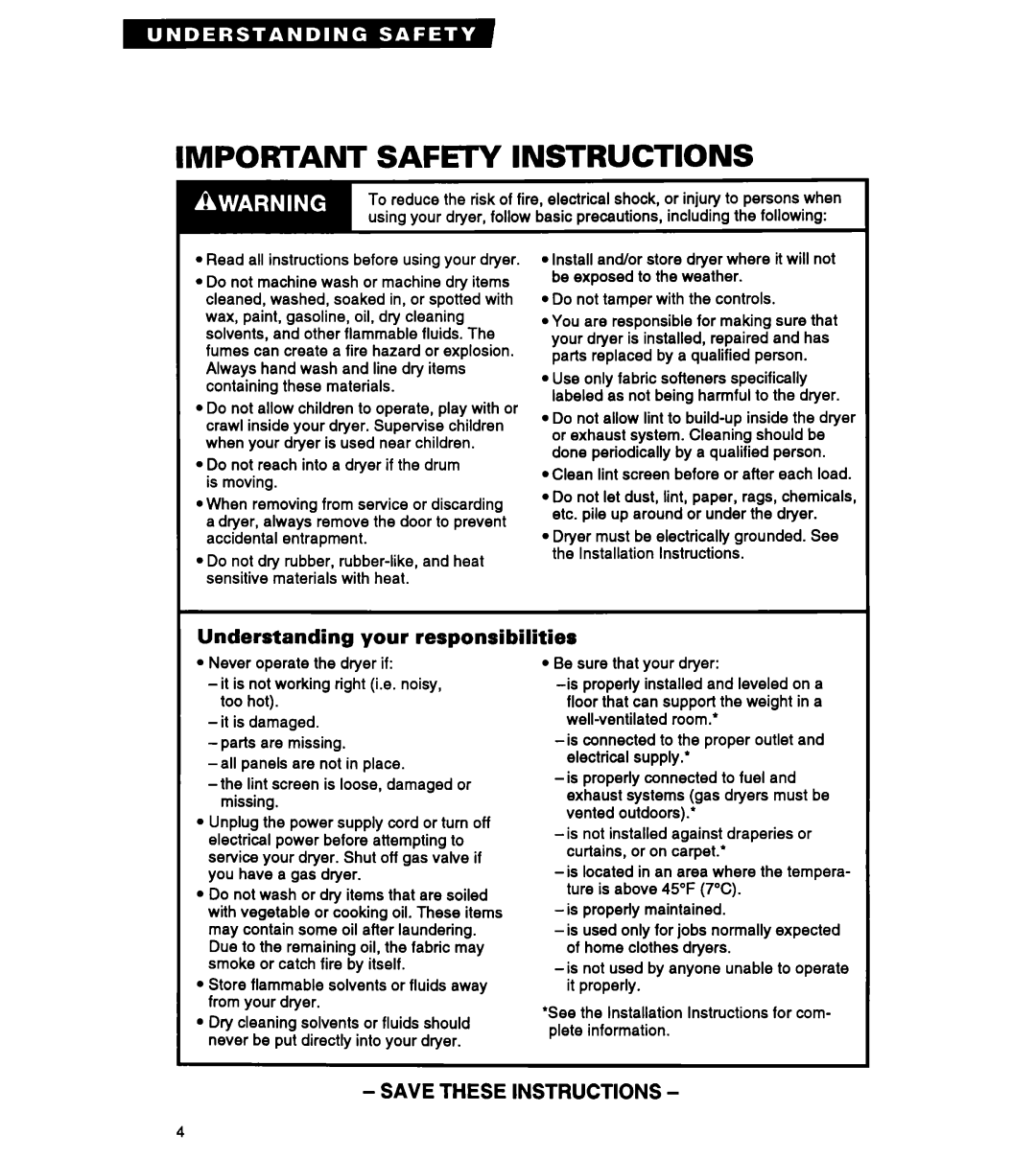 Roper REP3422A, RGC3422A, REC3422A warranty Important SAFEl-Y Instructions, Understanding your responsibilities 