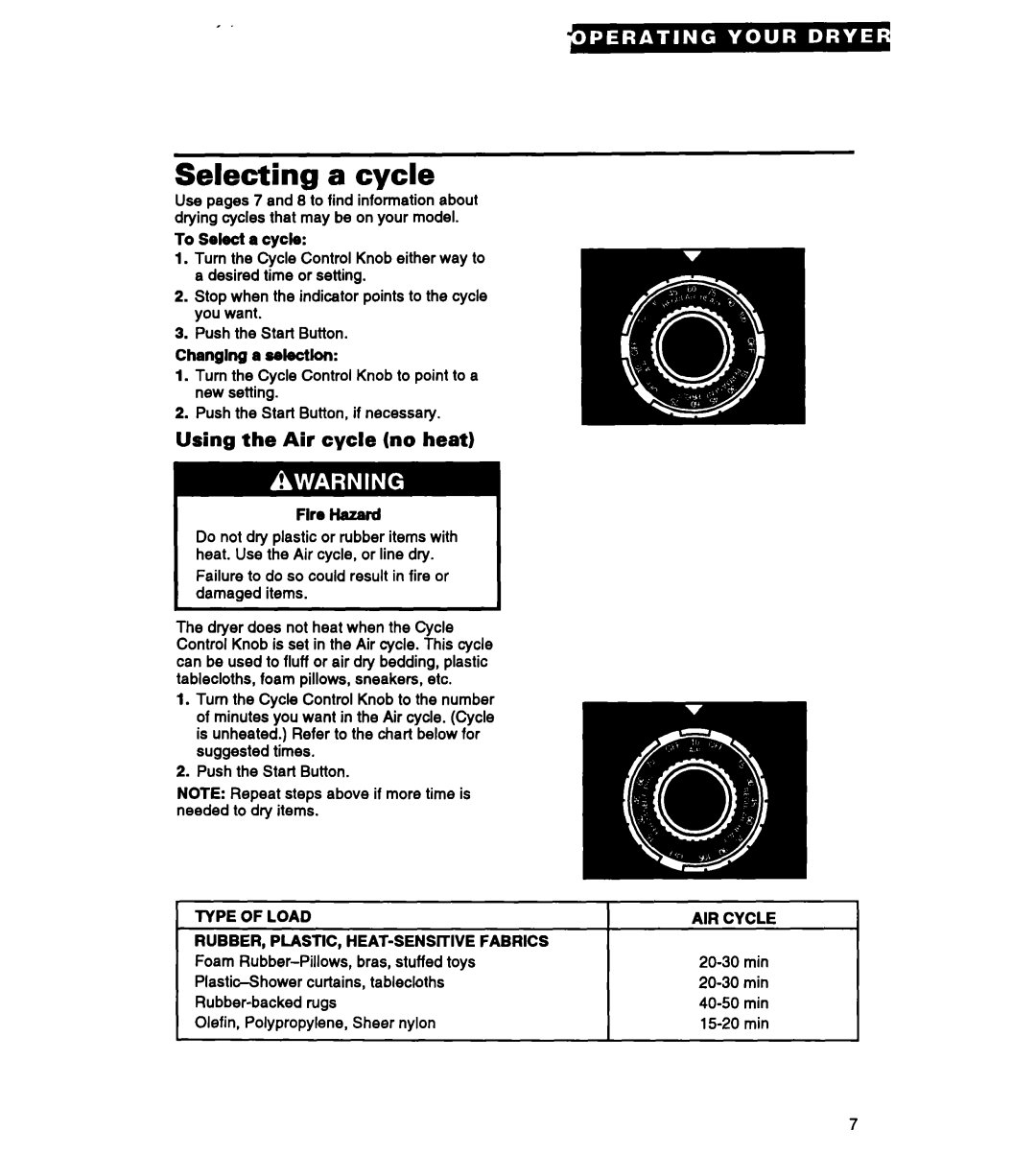 Roper REP3422A, RGC3422A, REC3422A warranty Selecting a cycle, Using the Air cycle no heat, Type of Loadi, AIR Cycle 