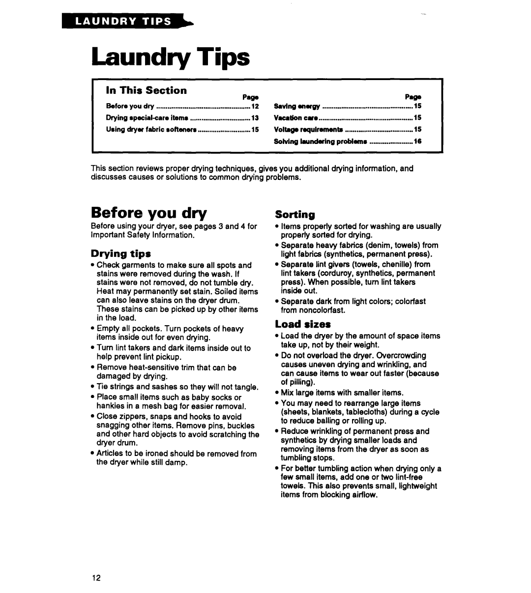 Roper RGC3422A, REP3422A, REC3422A warranty Laundry Tips, Before you dry, I In This Section, Drying tips, Sorting, Load sizes 