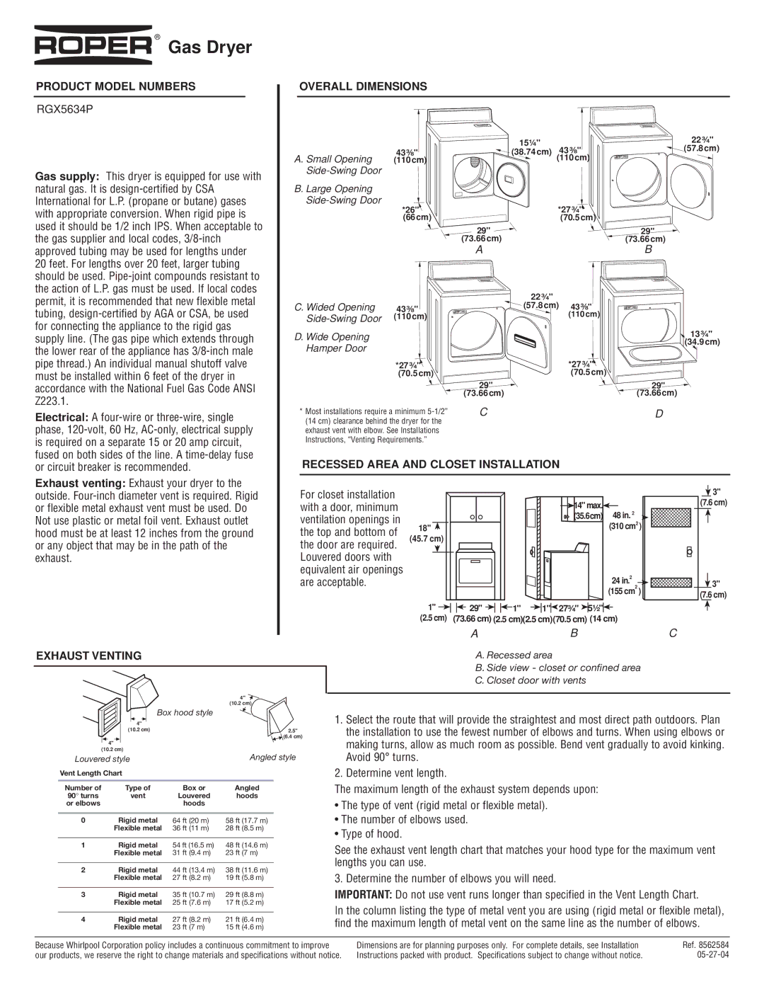 Roper RGX5634P dimensions Gas Dryer, Product Model Numbers, Overall Dimensions, Recessed Area and Closet Installation 