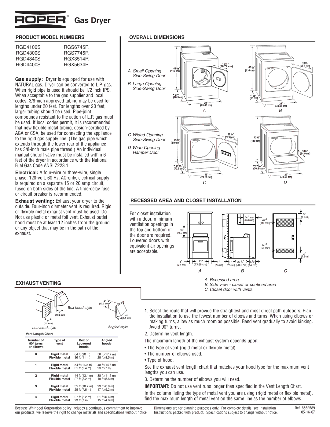 Roper RGX3514R dimensions Gas Dryer, Product Model Numbers, Overall Dimensions, Recessed Area and Closet Installation 