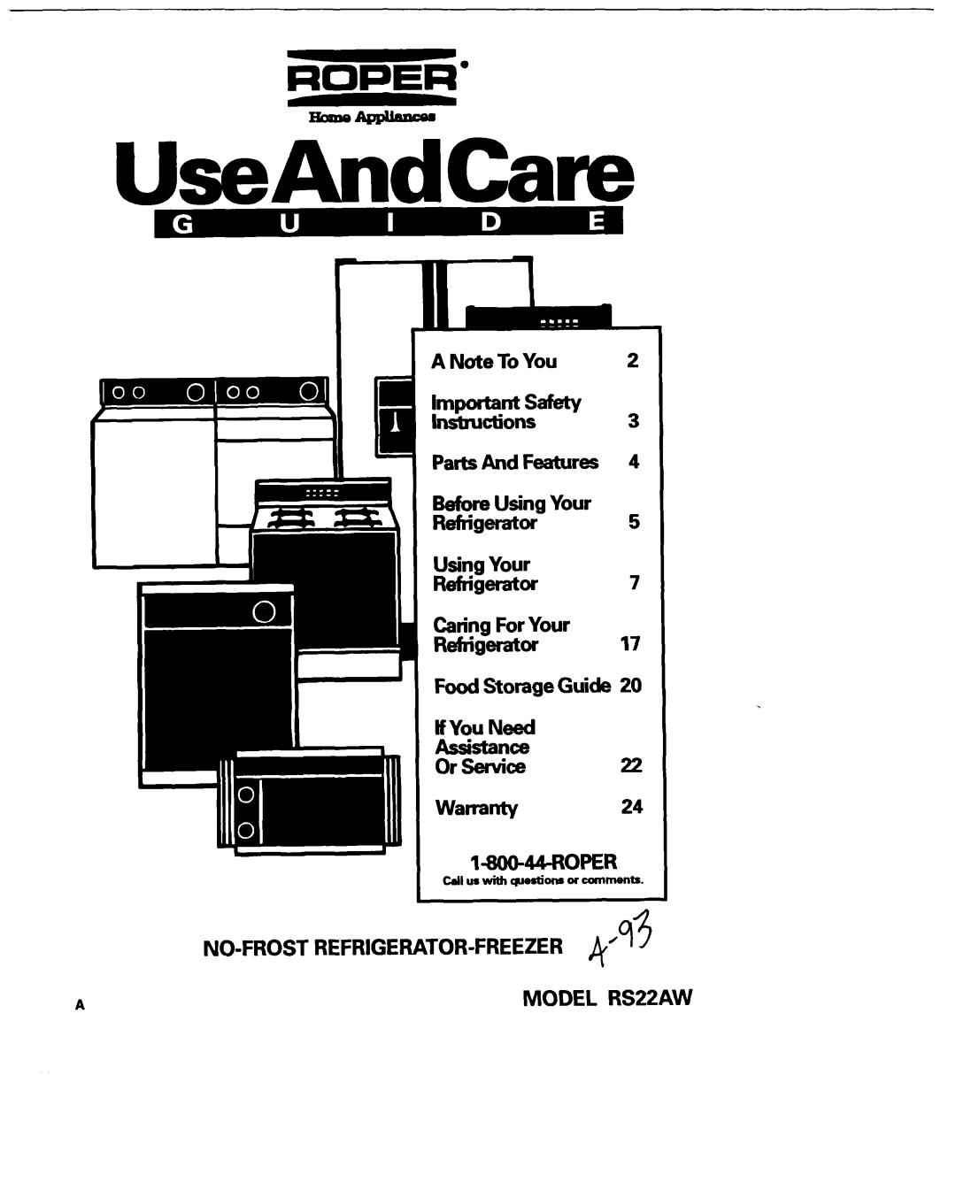 Roper warranty NO-FROST REFRIGERATOR-FREEZER Model RS22AW 