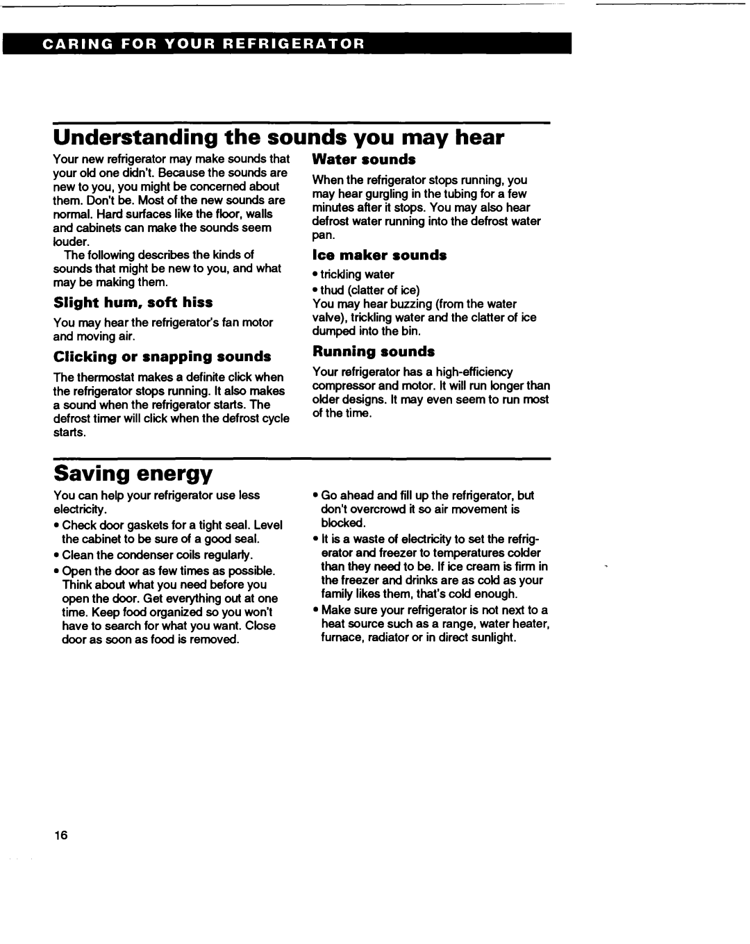 Roper RS22AW warranty Understanding the sounds you may hear, Saving energy 