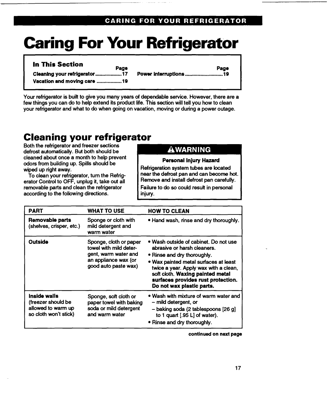 Roper RS22AW warranty Caring For Your Refrigerator, Cleaning your refrigerator, Part, What to USE, HOW to Clean 