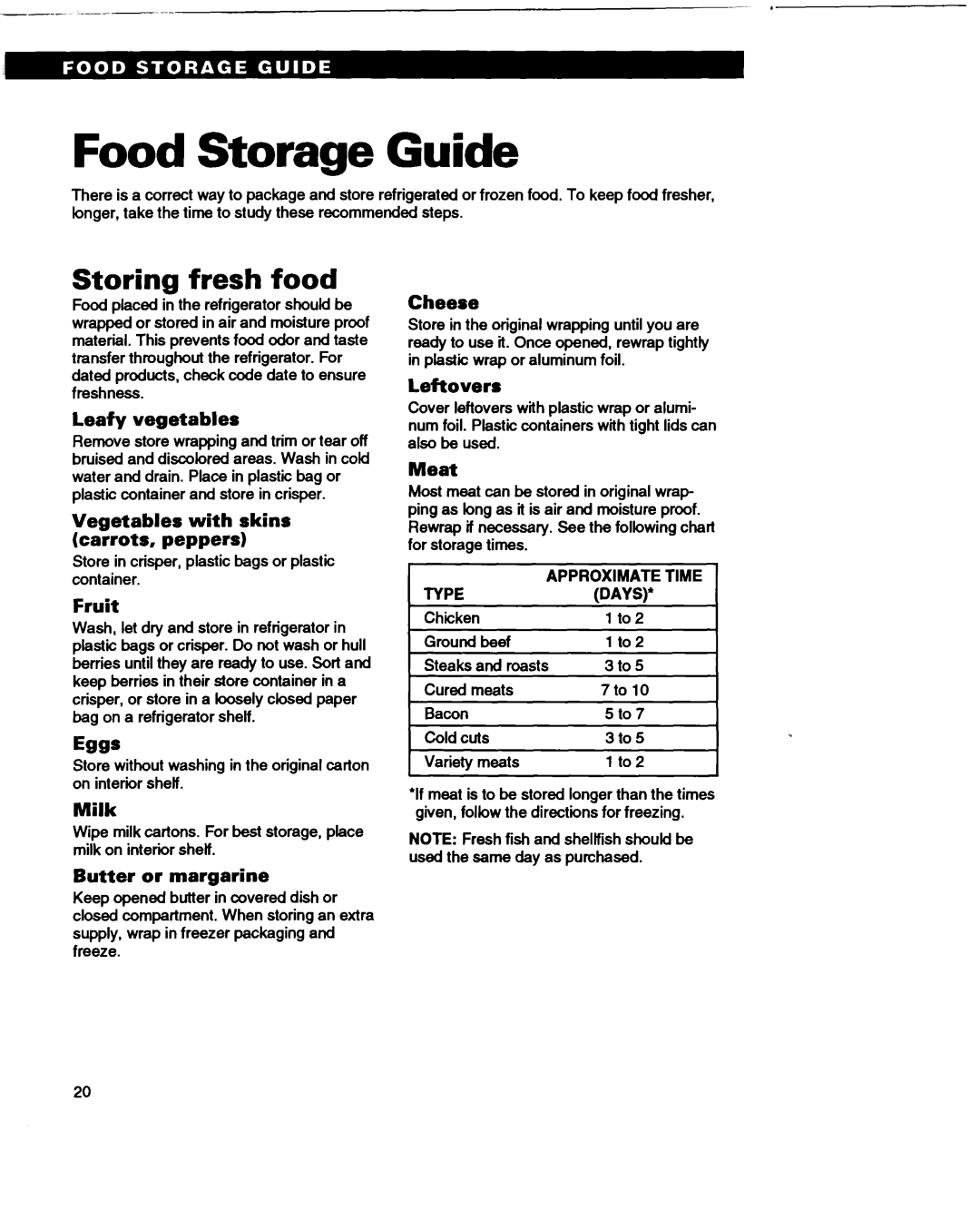 Roper RS22AW warranty Food Storage Guide, Storing fresh food 