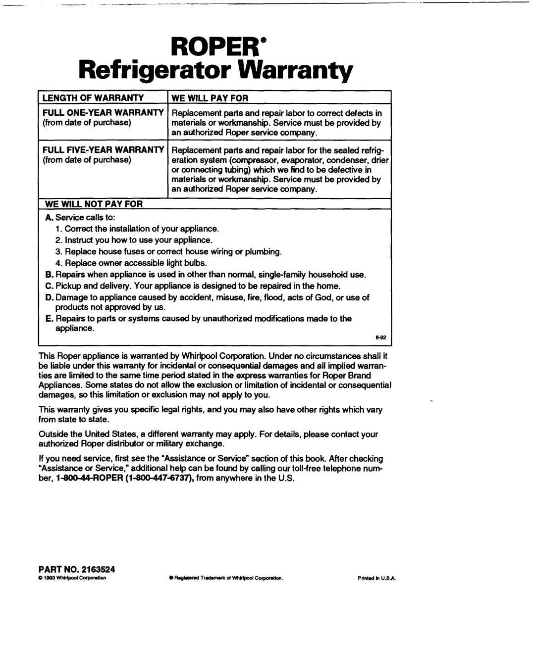 Roper RS22AW warranty Roper, Refrigerator Warranty 