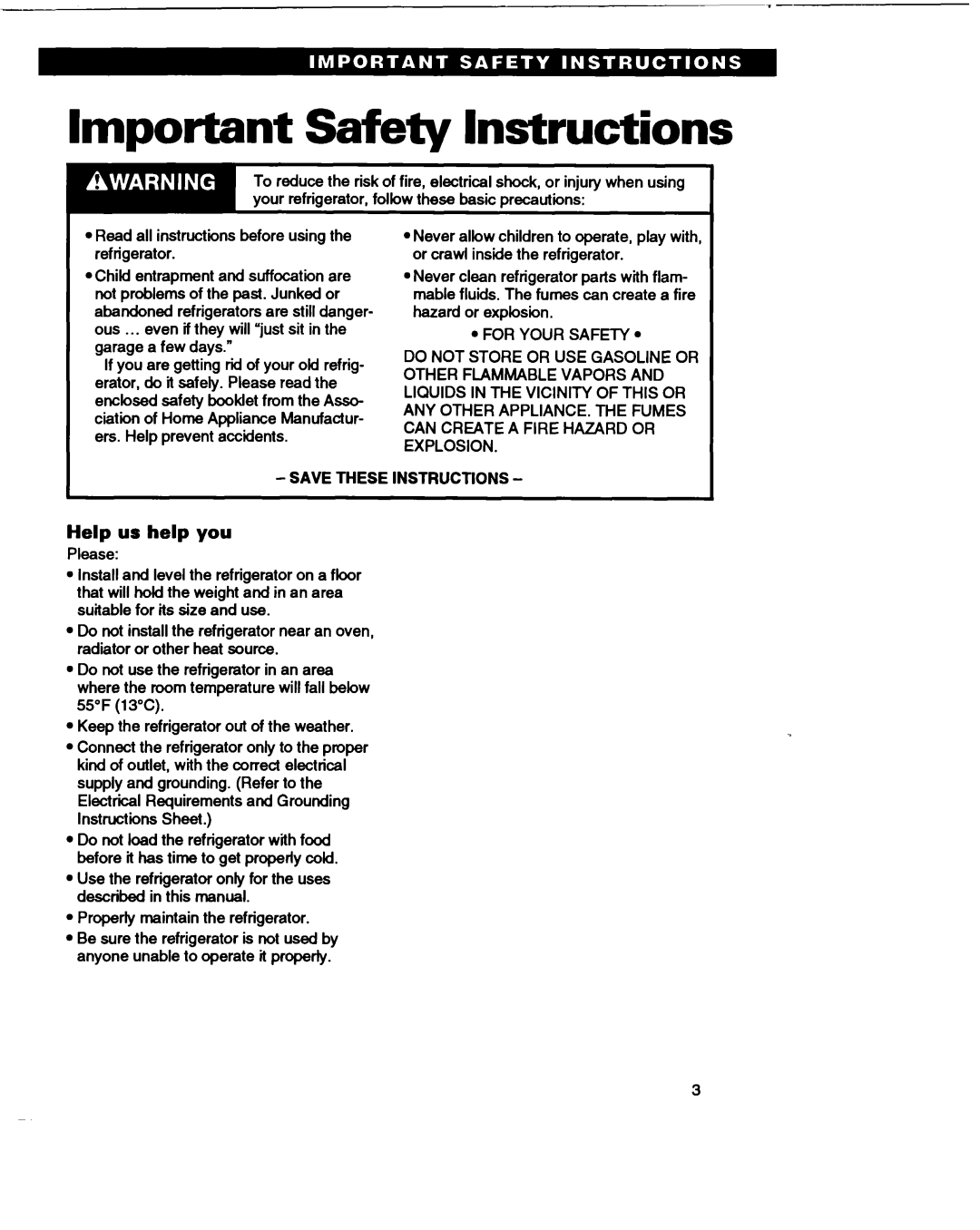 Roper RS22AW warranty Important Safety Instructions, Help us help you 