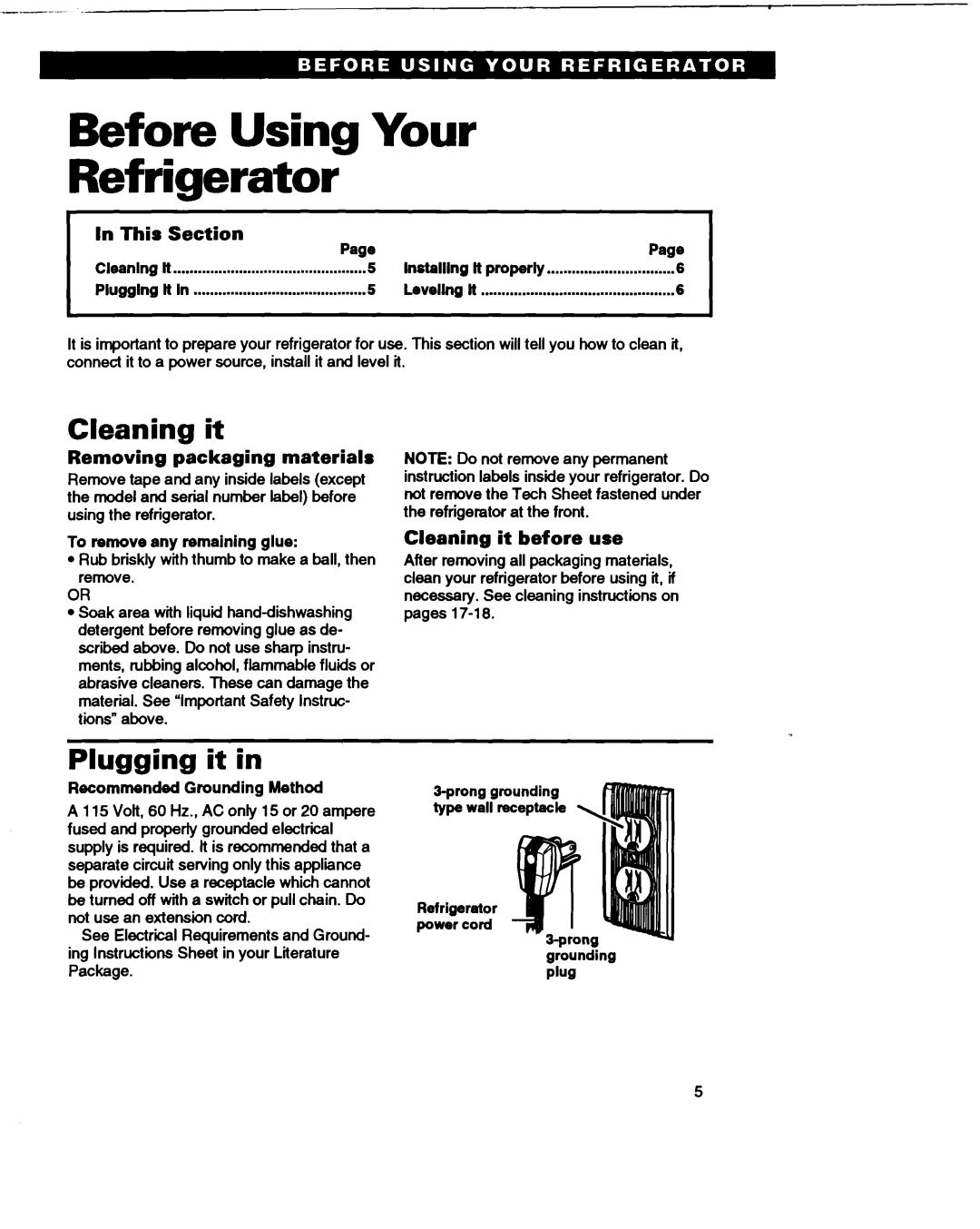 Roper RS22AW warranty Before Using Your Refrigerator, Cleaning it, Plugging it 