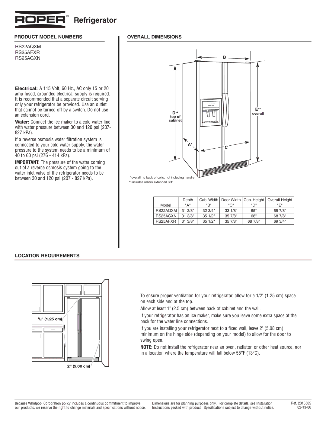 Roper RS22AQXM, RS25AFXR dimensions Refrigerator, Product Model Numbers, Overall Dimensions, Location Requirements 