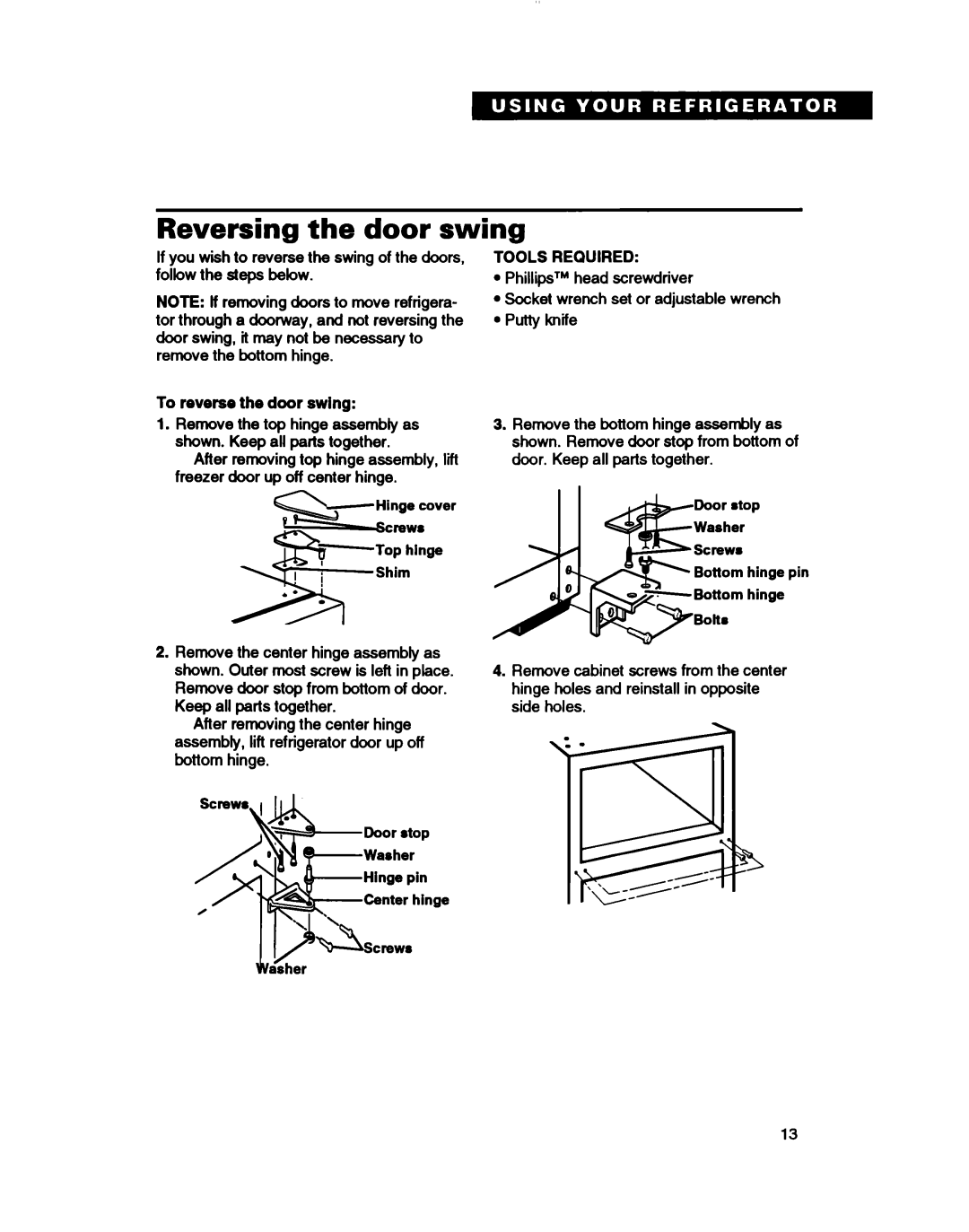 Roper RT18EK, RT18DK warranty Reversing the door swing, To reverse the door swing, Tools Required 