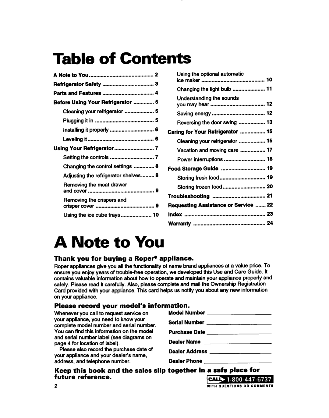 Roper RT18DK, RT18EK warranty Table of Contents 