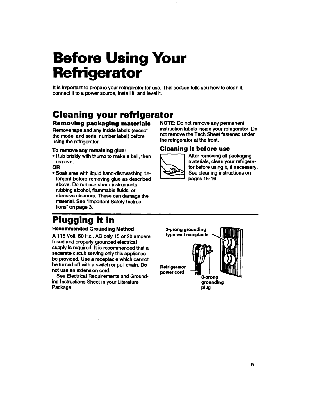 Roper RT18EK, RT18DK warranty Before Using Your Refrigerator, Cleaning your refrigerator, Plugging it 