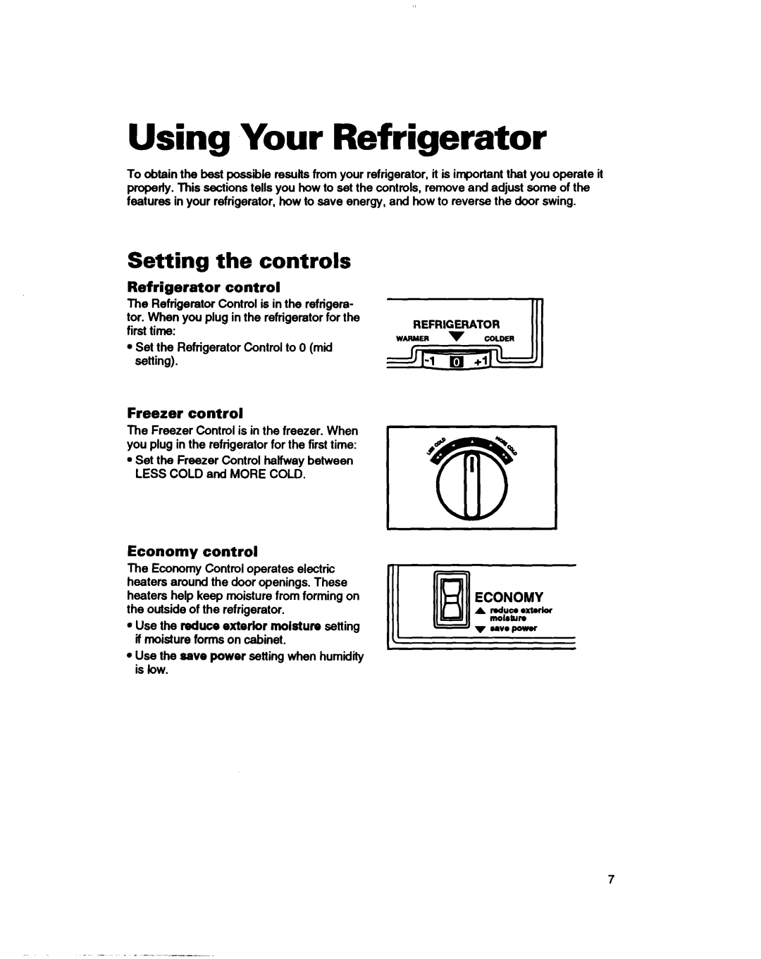 Roper RT18EK, RT18DK Using Your Refrigerator, Setting the controls, Refrigerator control, Freezer control, Economy control 