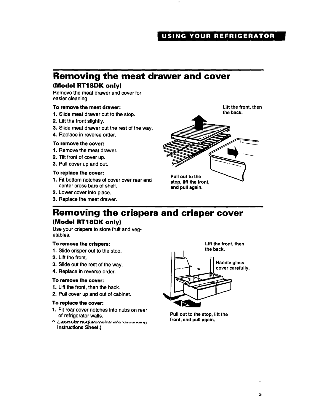 Roper RT18EK, RT18DK warranty Removing the meat drawer and cover, Removing the crispers, Crisper cover, Model Rtisdk only 