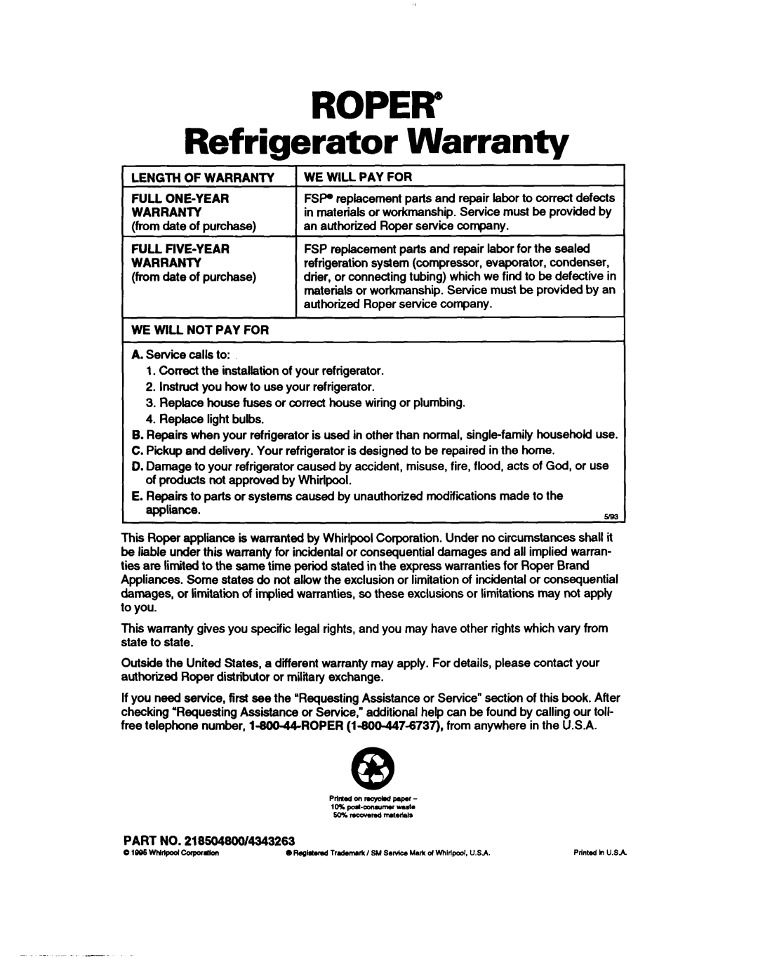 Roper RT18DK Refrigerator Warranty, Roper”, rLENGTH OF WARRANTY WE WILL PAY FOR, Full One-Year, Full Five-Year, Warrantv 