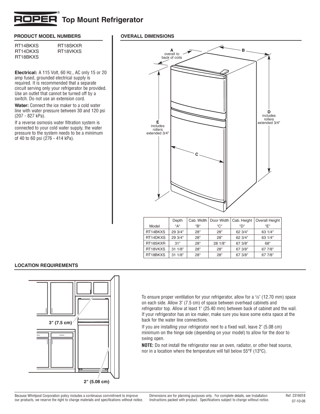 Roper dimensions Top Mount Refrigerator, Product Model Numbers, RT14BKXSRT18SKXR RT14DKXSRT18VKXS RT18BKXS, 5 cm 08 cm 