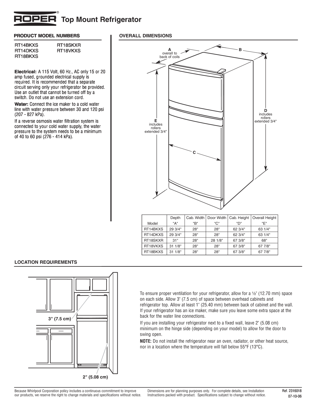 Roper RT18SKXR dimensions Top Mount Refrigerator, Product Model Numbers, Location Requirements, Overall Dimensions 