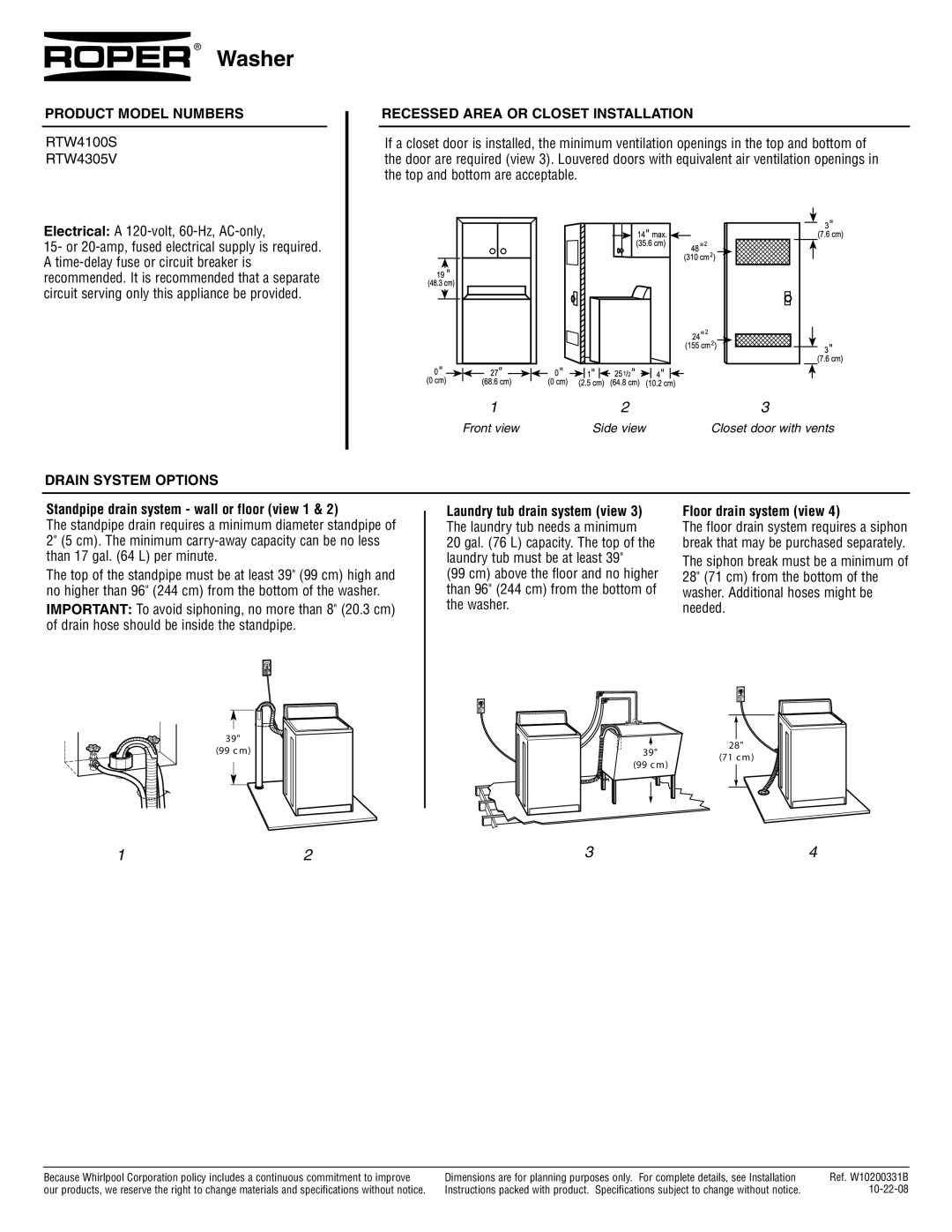 Roper RTW4100S specifications Washer, Product Model Numbers, Recessed Area or Closet Installation, Drain System Options 