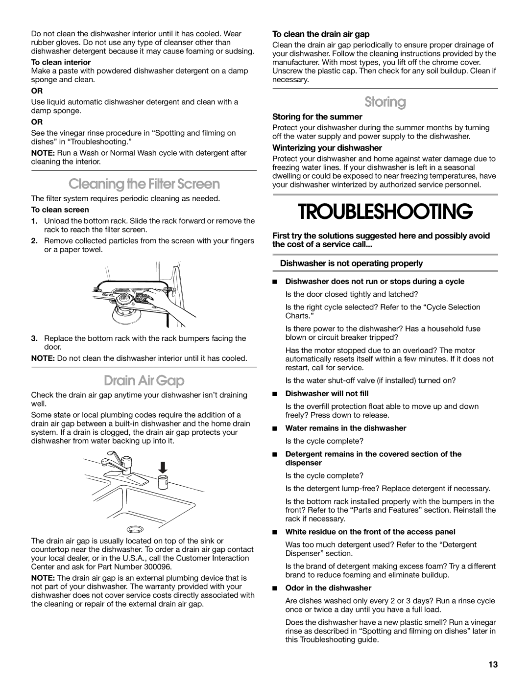 Roper rud4000 manual Troubleshooting, Cleaning the Filter Screen, Drain Air Gap, Storing 