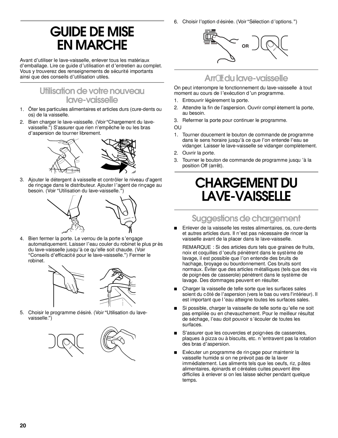 Roper rud4000 manual Guide DE Mise EN Marche, Chargement DU LAVE-VAISSELLE, Utilisation de votre nouveau Lave-vaisselle 