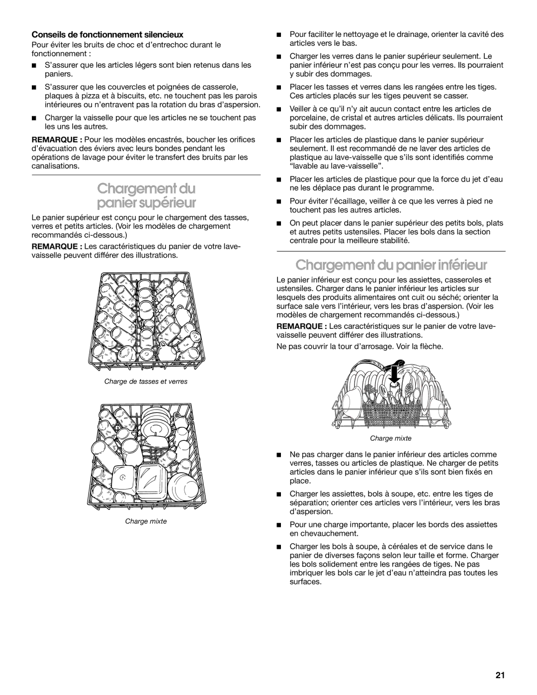 Roper rud4000 manual Chargement du panier supérieur, Chargement du panier inférieur, Conseils de fonctionnement silencieux 