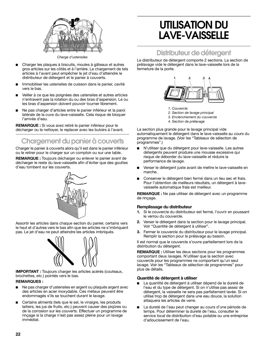 Roper rud4000 manual Utilisation DU LAVE-VAISSELLE, Chargement du panier à couverts, Distributeur de détergent 