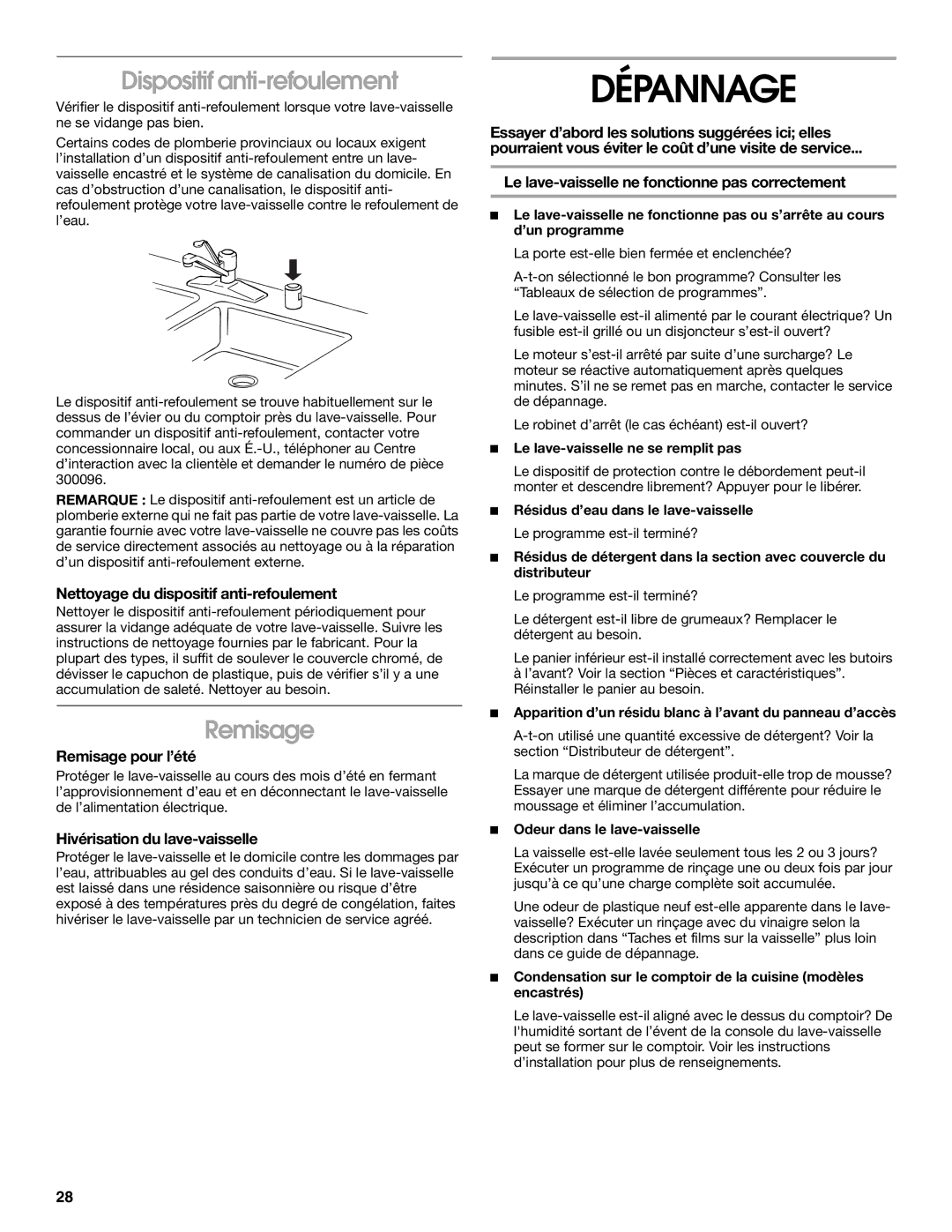 Roper rud4000 manual Dépannage, Dispositif anti-refoulement, Remisage 