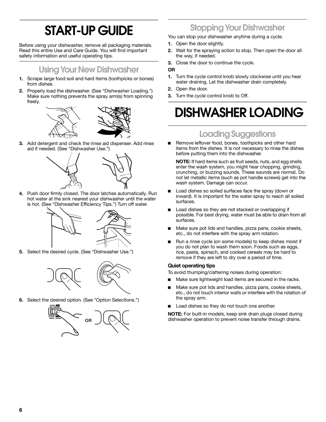 Roper rud4000 START-UP Guide, Dishwasher Loading, Using Your New Dishwasher, Stopping Your Dishwasher, Loading Suggestions 