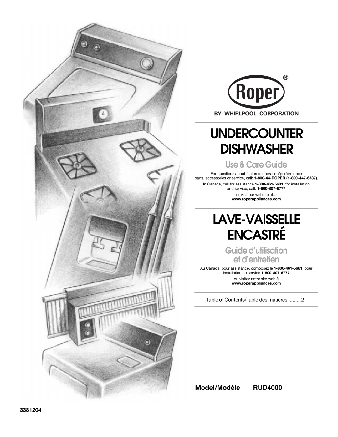 Roper rud4000 manual Undercounter Dishwasher, Lave-Vaisselle Encastré, Use & Care Guide, Model/Modèle RUD4000, 3381204 