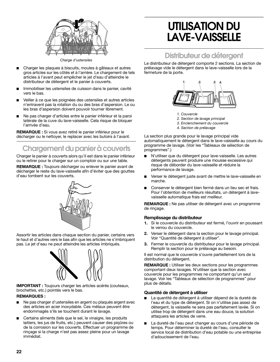 Roper rud4000 manual Utilisation Du Lave-Vaisselle, Chargement du panier à couverts, Distributeur de détergent 