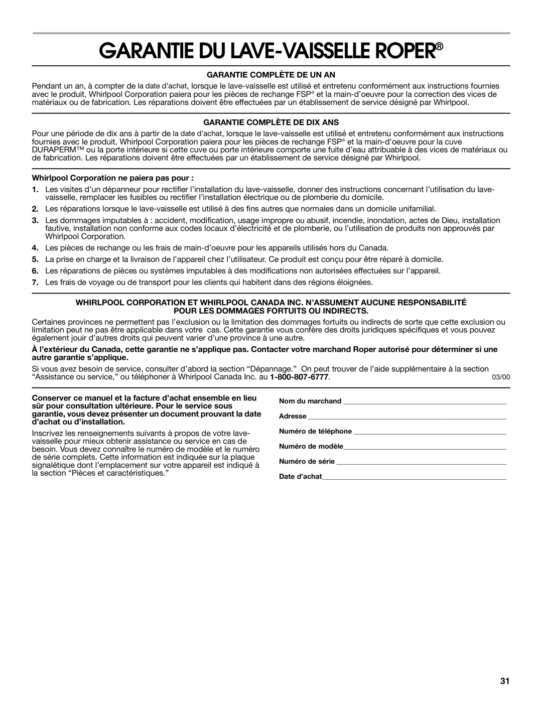 Roper rud4000 manual Garantie Du Lave-Vaisselleroper, Garantie Complète De Un An, Garantie Complète De Dix Ans 
