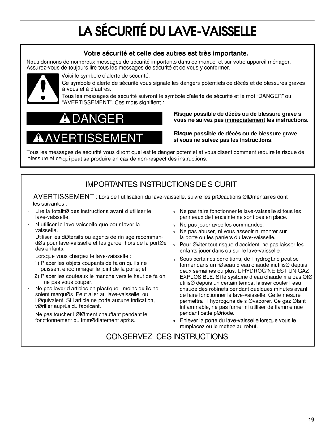 Roper RUD1000, RUD5000, RUD5750, 119 LA Sécurité DU LAVE-VAISSELLE, Votre sécurité et celle des autres est très importante 