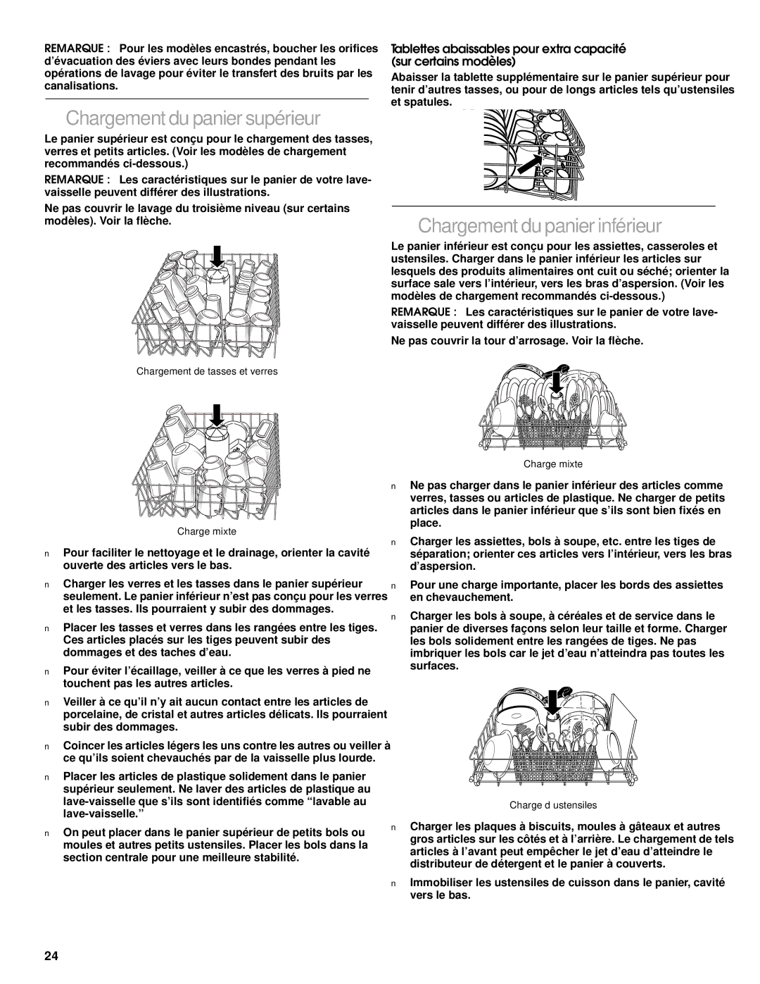 Roper RUD5000, RUD1000, RUD5750, 119, Dishwasher, RUD3000 manual Chargement du panier supérieur, Chargement du panier inférieur 