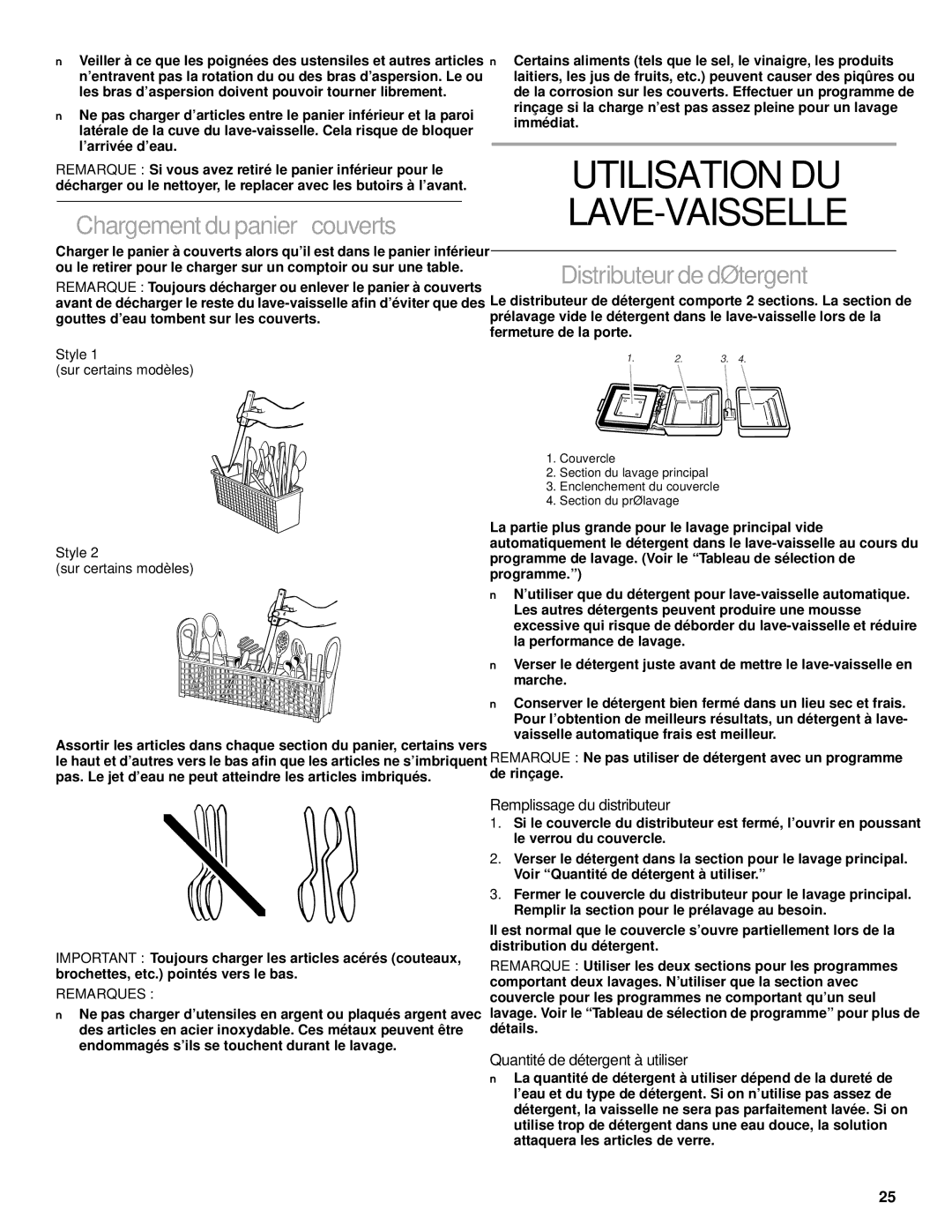 Roper RUD1000, RUD5000, RUD5750 Utilisation DU LAVE-VAISSELLE, Chargement du panier à couverts, Distributeur de détergent 