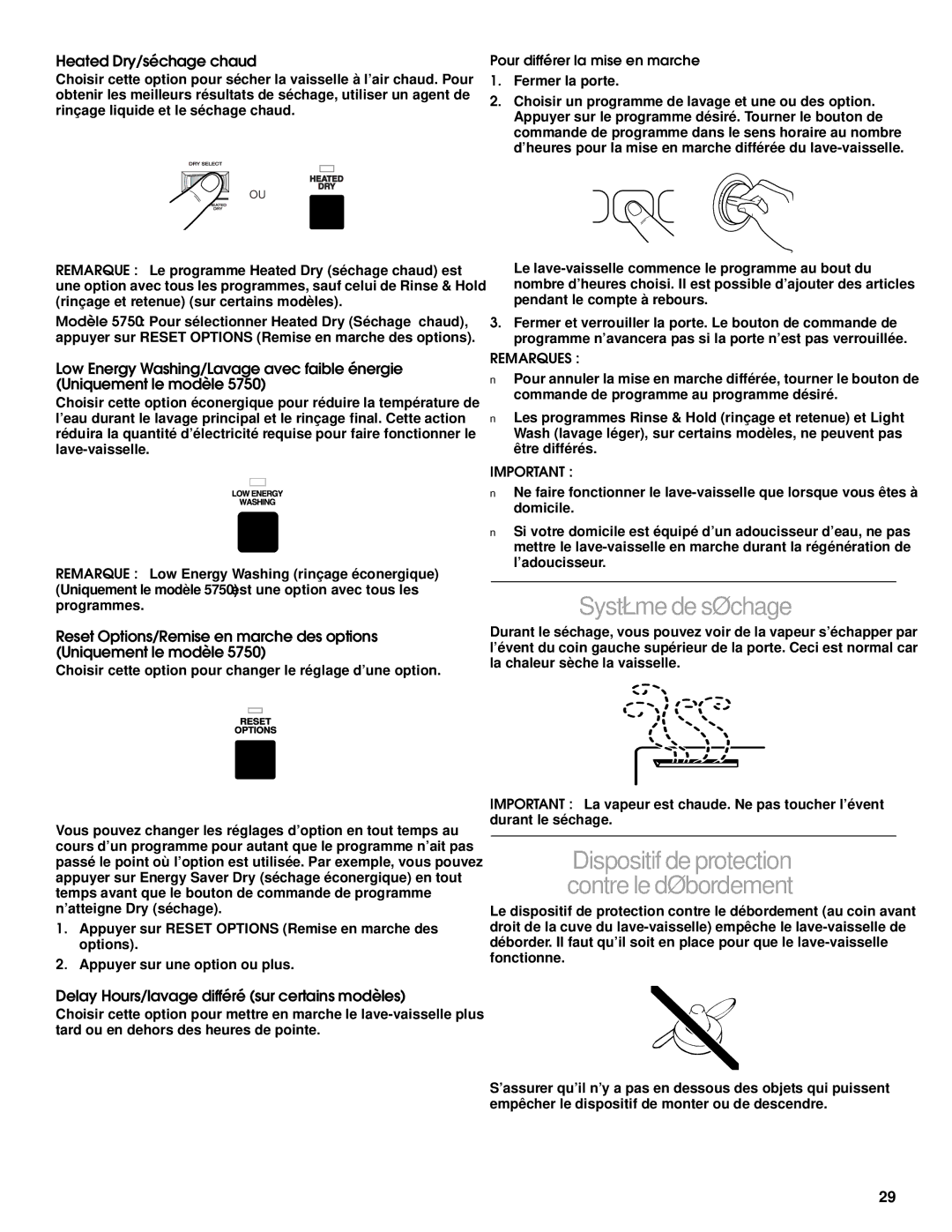 Roper RUD3000, RUD5000, 119 Système de séchage, Dispositif de protection contre le débordement, Heated Dry/séchage chaud 