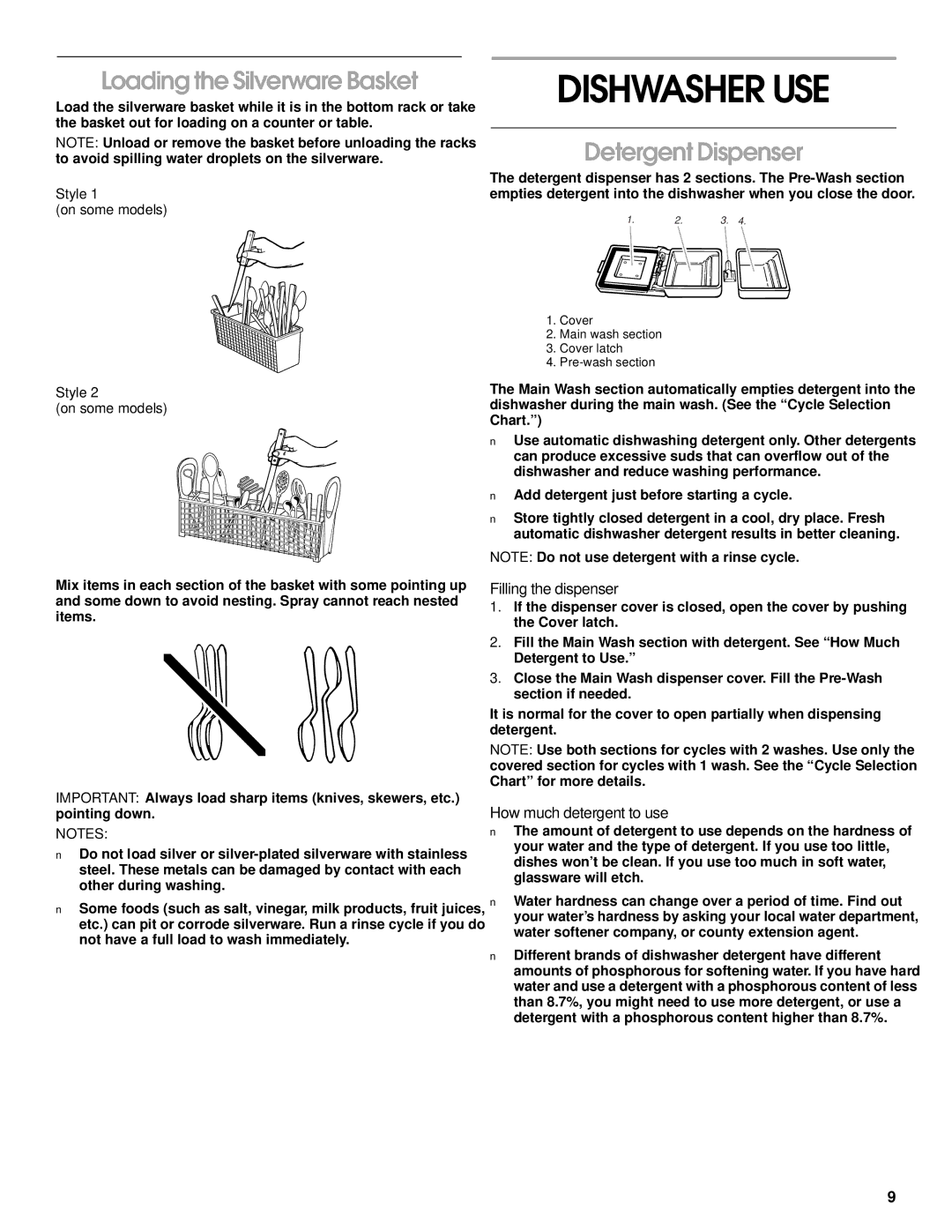 Roper 119, RUD5000, RUD1000 manual Dishwasher USE, Loading the Silverware Basket, Detergent Dispenser, Filling the dispenser 