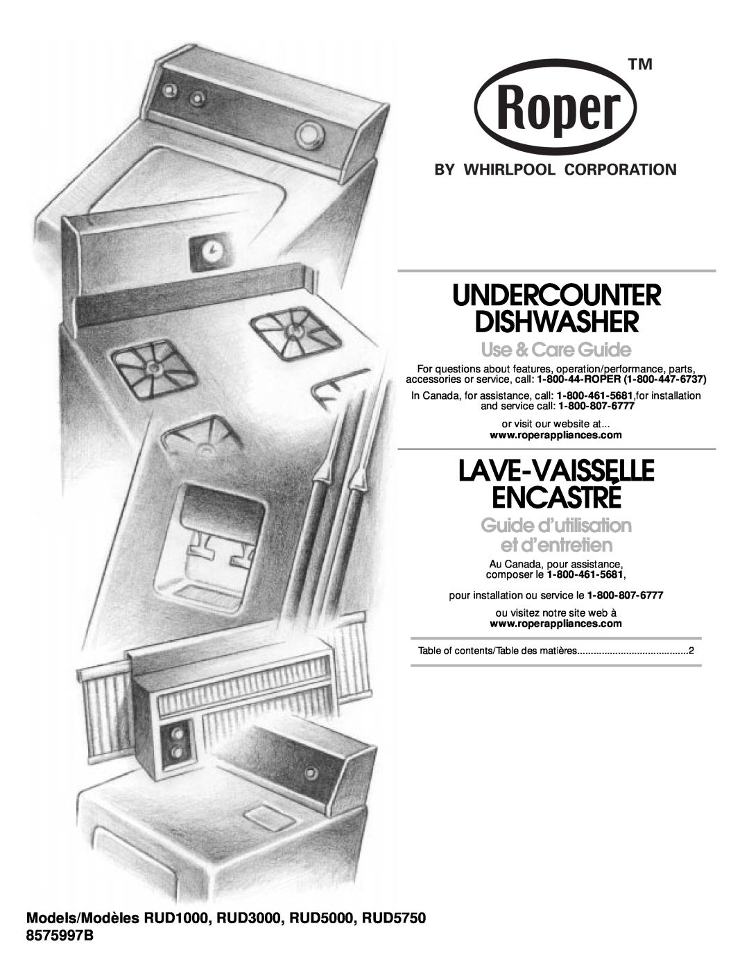 Roper manual Undercounter Dishwasher, Lave-Vaisselle Encastré, Models/Modèles RUD1000, RUD3000, RUD5000, RUD5750 