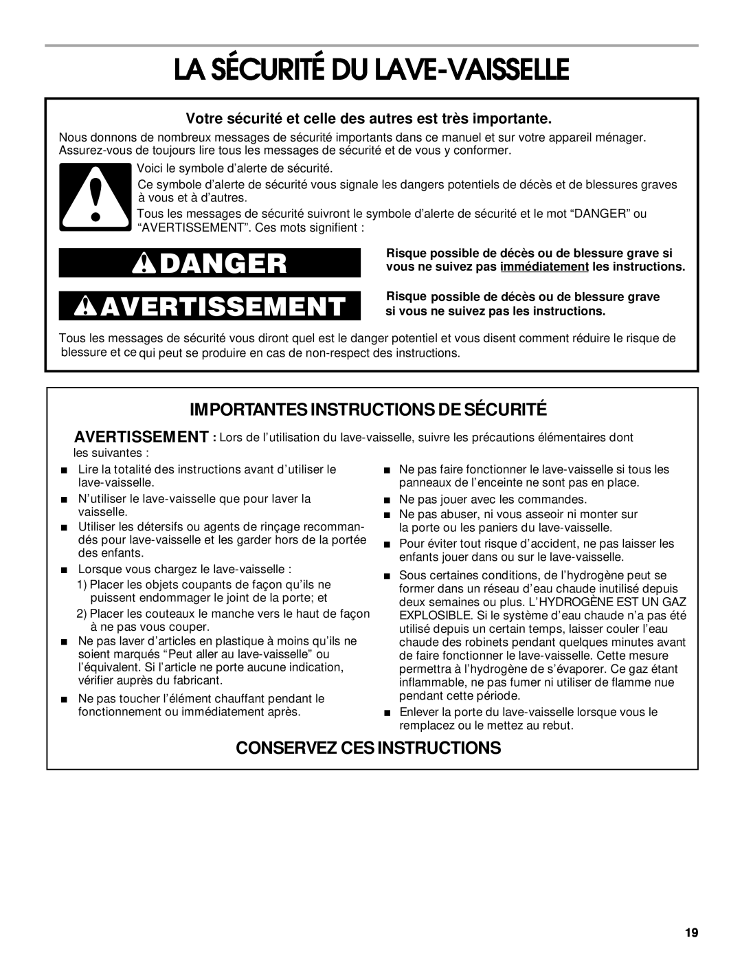 Roper RUD1000, 119 La Sécurité Du Lave-Vaisselle, Importantes Instructions De Sécurité, Conservez Ces Instructions, Danger 