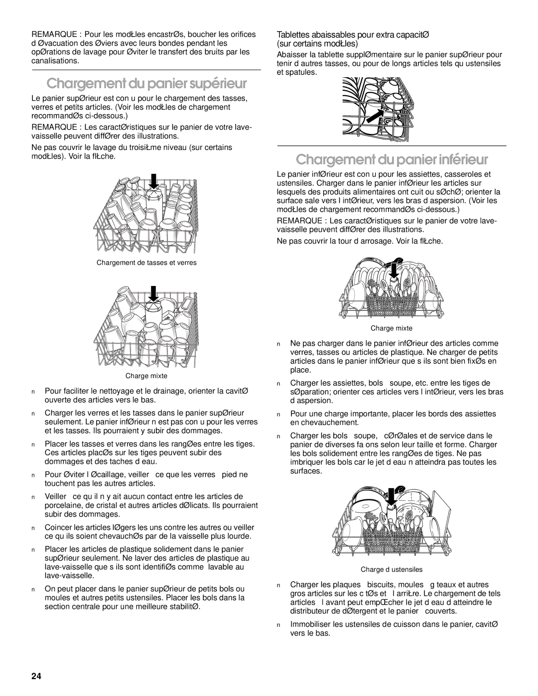 Roper RUD5000, RUD1000, RUD5750, RUD3000 manual Chargement du panier supérieur, Chargement du panier inférieur 