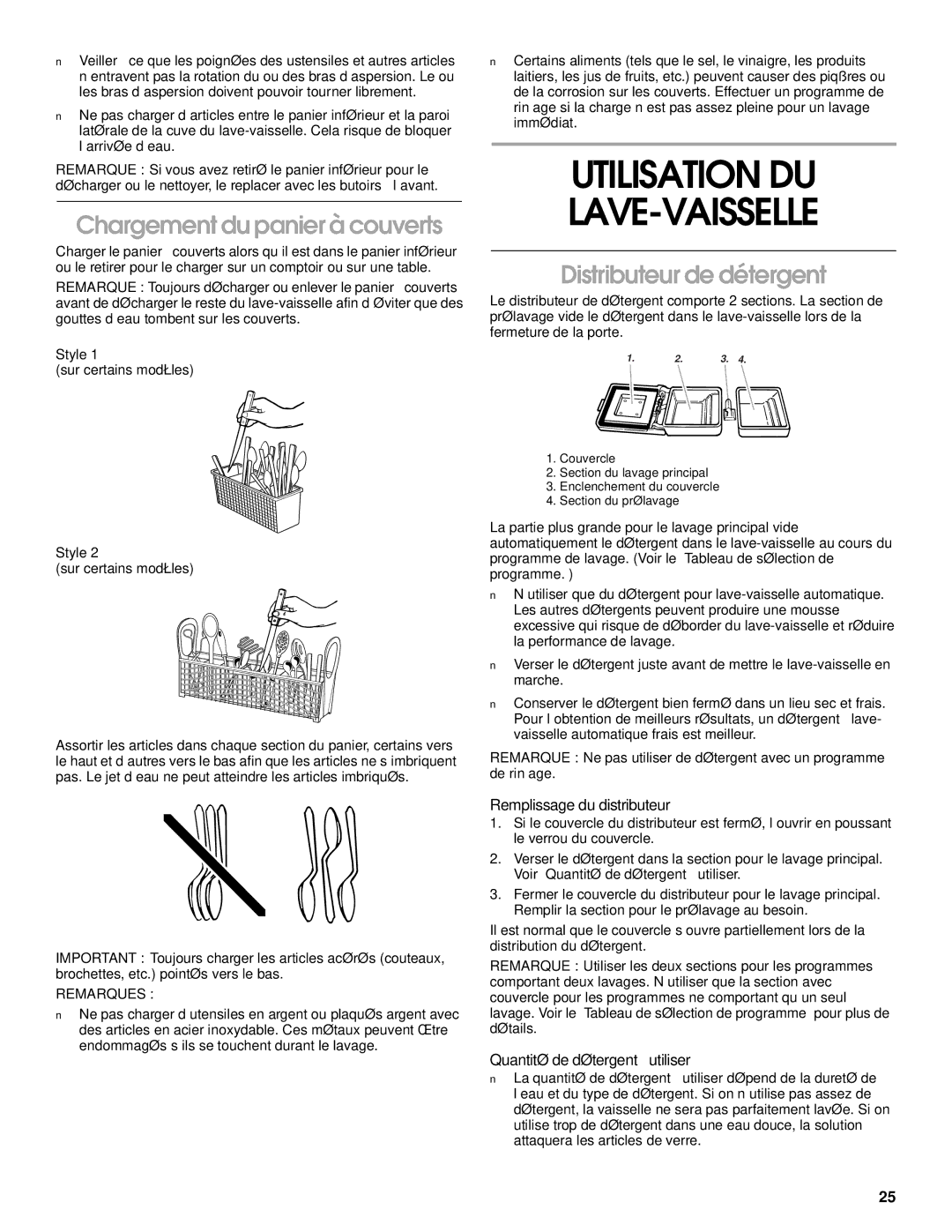 Roper RUD1000, RUD5000, RUD5750 Utilisation DU LAVE-VAISSELLE, Chargement du panier à couverts, Distributeur de détergent 